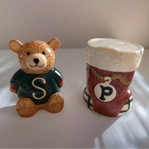 Ceramic Teddy Bear Stocking Christmas Themed Salt and Pepper Shaker Set